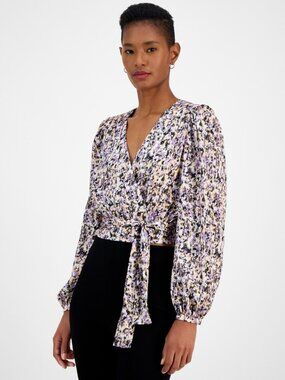 BOSS Orange Women's Banella Abstract-Print Tie-Hem Top Size XL Purple MSRP $148